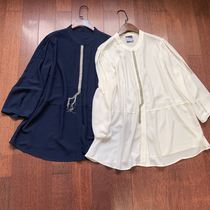 Light and luxurious Round Collar White Hide Cyan Flow Sudew Shoulder style Temperament 90% Sleeve Shirt