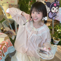 PoinkstarShop autumn new gentle sweetheart sweet nude pink vintage lace stitching shirt women