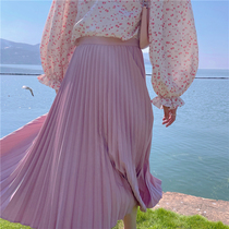 PinkstarShop spring new fit color when charging 100 pleats high waist sweet and beautiful yellow big skirt hem half body dress