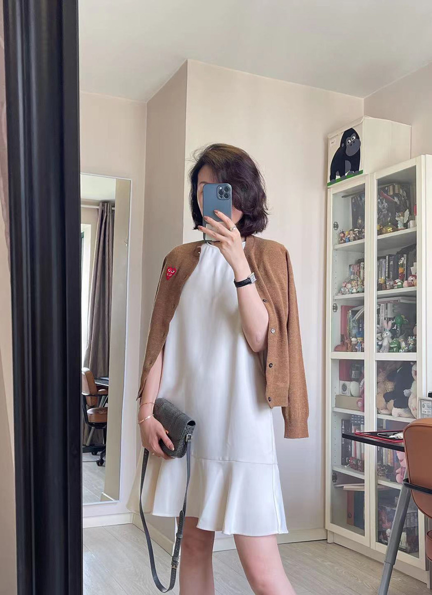 21 autumn imported tri-acetic acid round neck commuter dress all-match double-layered heart wool knitted cardigan couple models