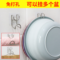 Pitching pot adhesive hook-free washbasin storage shelf wall-mounted stainless steel adhesive hook rack sticky hook rice basin shelf