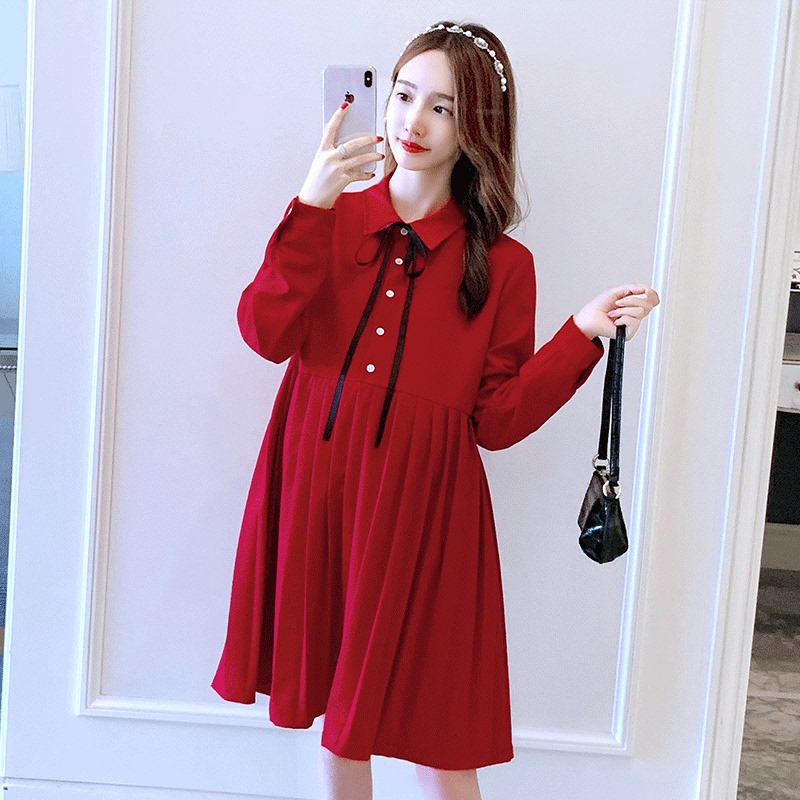 Maternity Wear Spring Dress Petite Mid-Length Plus Size Red 2026 Maternity Dress Covers Belly Without Looking Pregnant Stylish