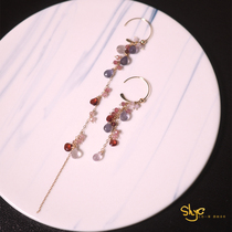 Three-in-one grass cordierite Garnet tourmaline amethyst 14K gold-clad asymmetric tassel temperament classical earrings