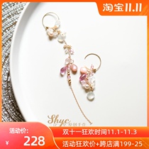 Pink Snow-Three-in-One Grass Moonstone Powder Betopa Stone American 14K Gold Asymmetric niche Earrings