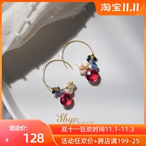 Love heart-three-in-one grass rose red quartz blue crystal Pearl imported 14K gold gold temperament earrings