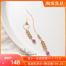 September birth Chen stone sweet love pink sapphire imported 14K gold package elegant niche asymmetric earrings
