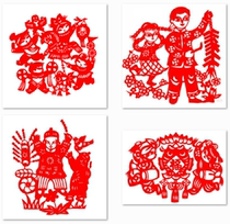 Finished rice paper cuttings window decorations selling candied haws beating gongs and drums setting off firecrackers riding wooden horses and watching lanterns students cutting paper