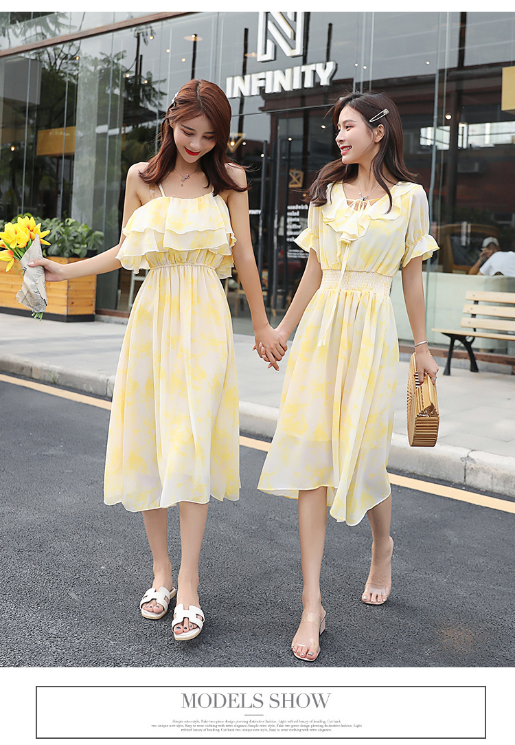 VK旗艦店 韓系雪紡露肩扎染墨染氣質荷葉邊短袖洋裝