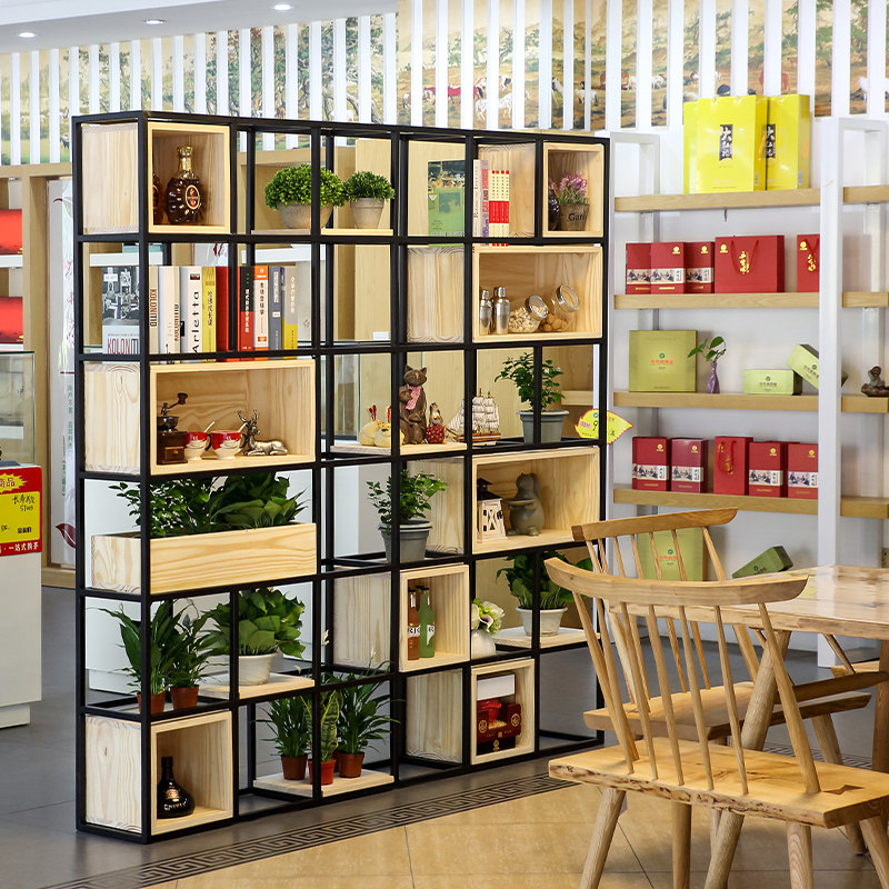 Creative screen solid wood porch rack wood lattice flower rack wrought iron rack living room display bookshelf office partition