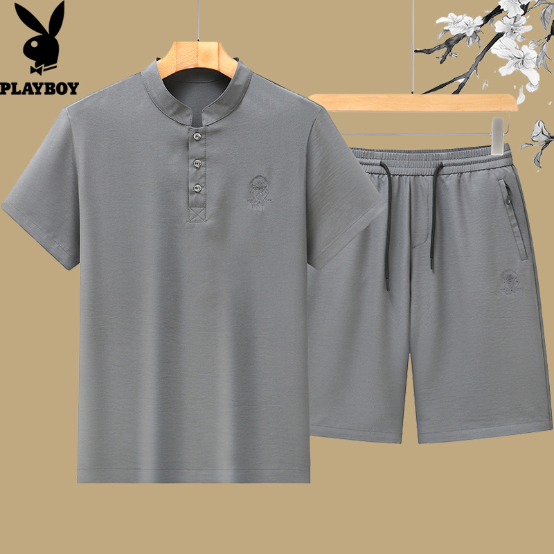 Dad's Summer Outfit for Middle-Aged Men, Ice Silk Suit, Casual Sports Summer Set for Middle-Aged and Elderly Grandfathers, T-Shirt and Shorts Two-Piece Set
