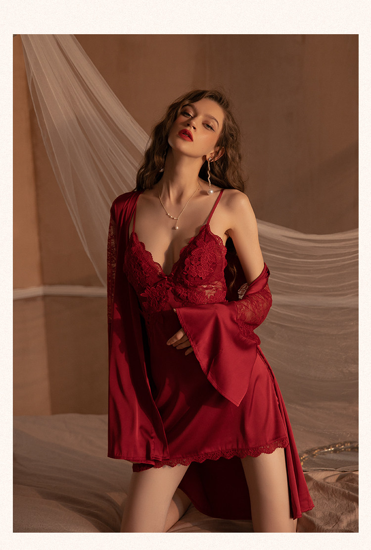 今夕何夕性感吊带睡衣女春秋款真丝本命年红色结婚睡裙睡袍套装夏详情8