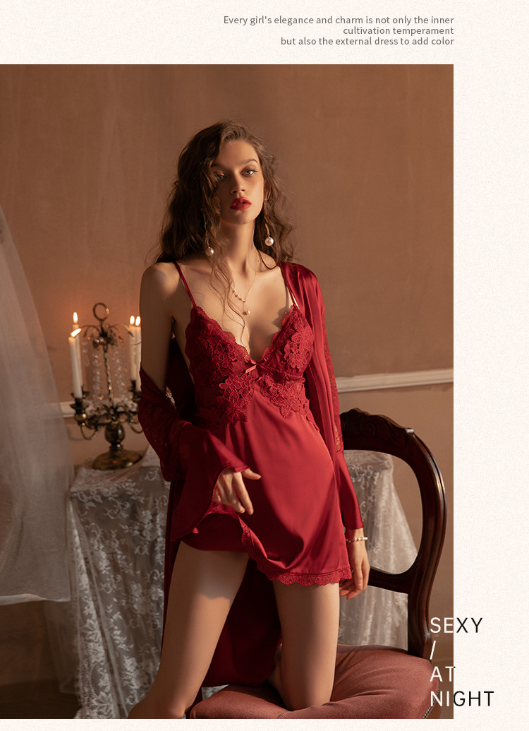 今夕何夕性感吊带睡衣女春秋款真丝本命年红色结婚睡裙睡袍套装夏详情32