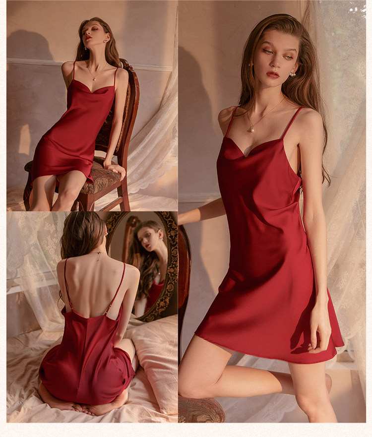 今夕何夕性感吊带睡衣女春秋款真丝本命年红色结婚睡裙睡袍套装夏详情30
