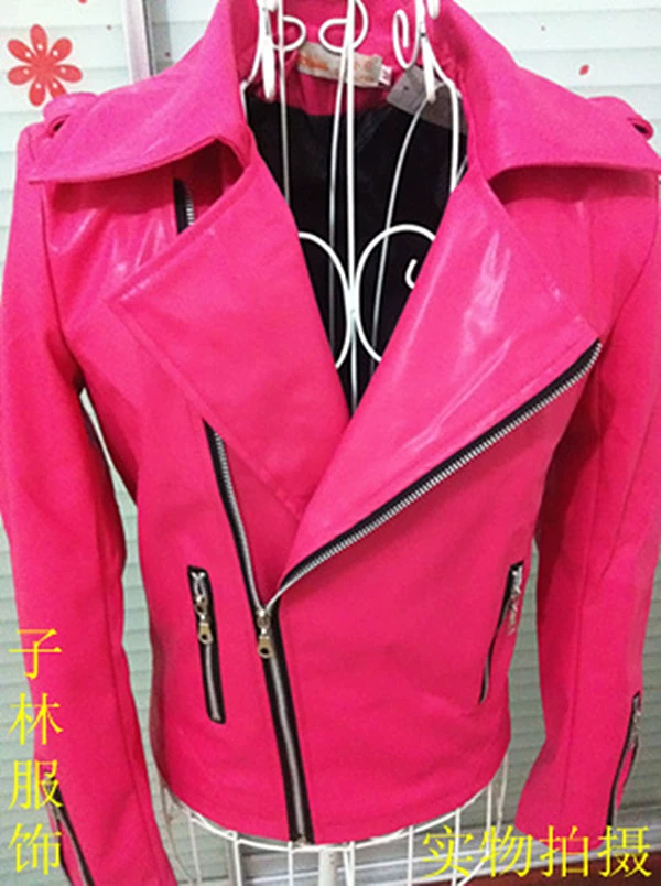 slim fit leather jacket Men Pink Leather Jacket Singer Costumes Nightclub Bar Dj Red Fluorescent Pink Slim Long-sleeved Moto Patent leather Coat Tide mens leather jackets cheap