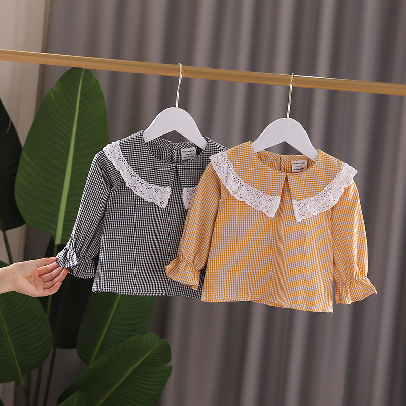 Girl Plaid Shirt Long Sleeve 2022 Spring Dress Korean Version Pure Cotton Turtlenecks Children's Blouse Women's Baby Doll Shirts