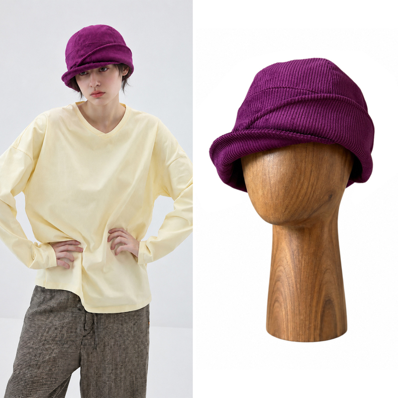 Japanese-Style Niche Purple Corduroy Bucket Hat for Women with Flip-Up Brim, Stylish Design, Versatile for Autumn and Winter, Sailor-Style Hat