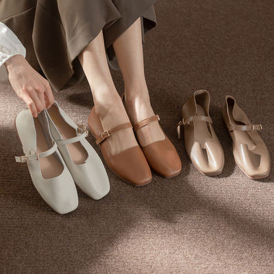 Flat single shoes for women, genuine leather, spring and summer with skirts, artistic and retro style, one-strap, square toe, shallow opening, soft sole grandma shoes