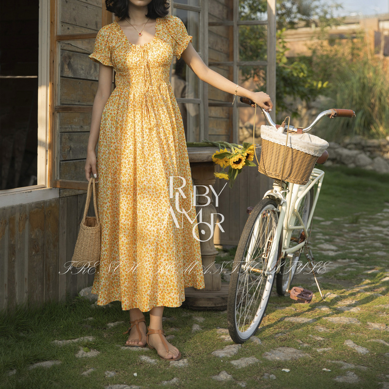 Ruby Amor French Pastoral Romantic Dress Yellow Daisy Print Dress Short-Sleeved Long Organic Cotton Waist-Cinching Ruby Amor French Pastoral Romantic Dress Yellow Daisy Print Dress Short-Sleeved Long Organic Cotton Waist-Cinching