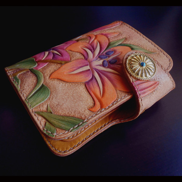 Handmade genuine leather men's bag women's bag bookings Tannic Bull Leather Leather leather Painted Lily Flower Girl's short money clip