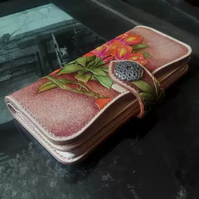 Handmade leather men's bag women's bag custom vegetable tanned cowhide carved painted azalea women's straight loop buckle wallet