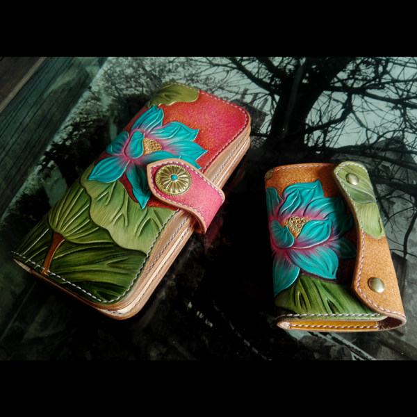 Handmade Genuine Leather Men's Bag Women's Bag Ordering Cow Leather Engraving Colorful Ploy Blue Lotus Money Clip Key Bag Kit Gift