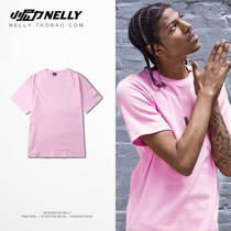 ulzzang Korea pink solid color t-shirt Short-sleeved t-shirt mens and womens half-sleeve summer pink loose t-shirt tide