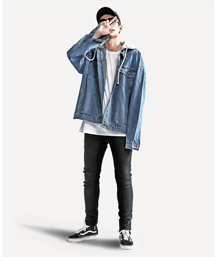 High Street Trung Quốc có hip hop denim jacket coat giả hai mảnh của retro trùm đầu rửa denim quần áo cho nam giới và phụ nữ