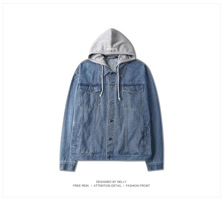 High Street Trung Quốc có hip hop denim jacket coat giả hai mảnh của retro trùm đầu rửa denim quần áo cho nam giới và phụ nữ