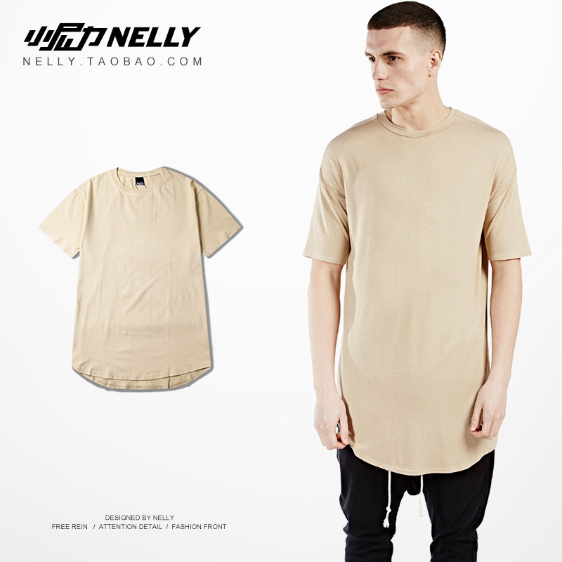 Wild with the same item men extend plain high street t-shirt long short-sleeved men's T-shirt solid color men and women