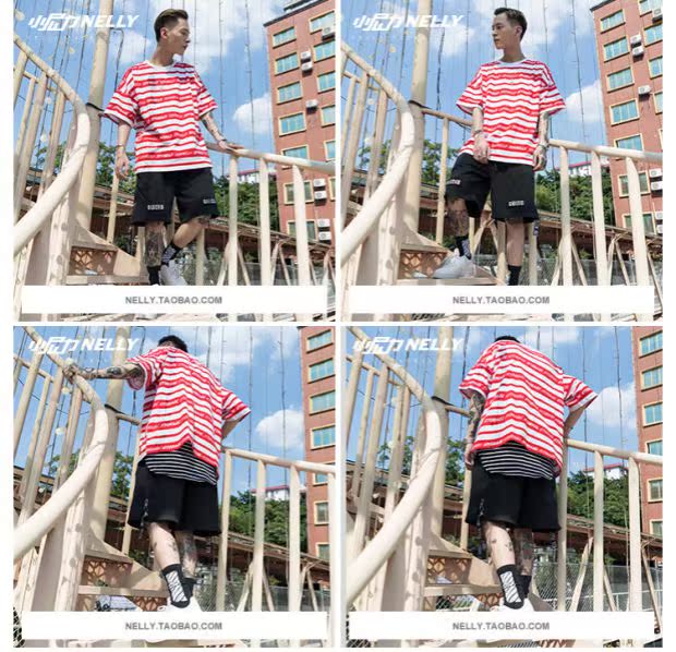 Châu Âu và Mỹ high street oversized couple áo thun sọc ngắn tay nam và nữ với cùng một đoạn áo thun nửa tay hip-hop áo thun nam tay ngắn cổ trụ