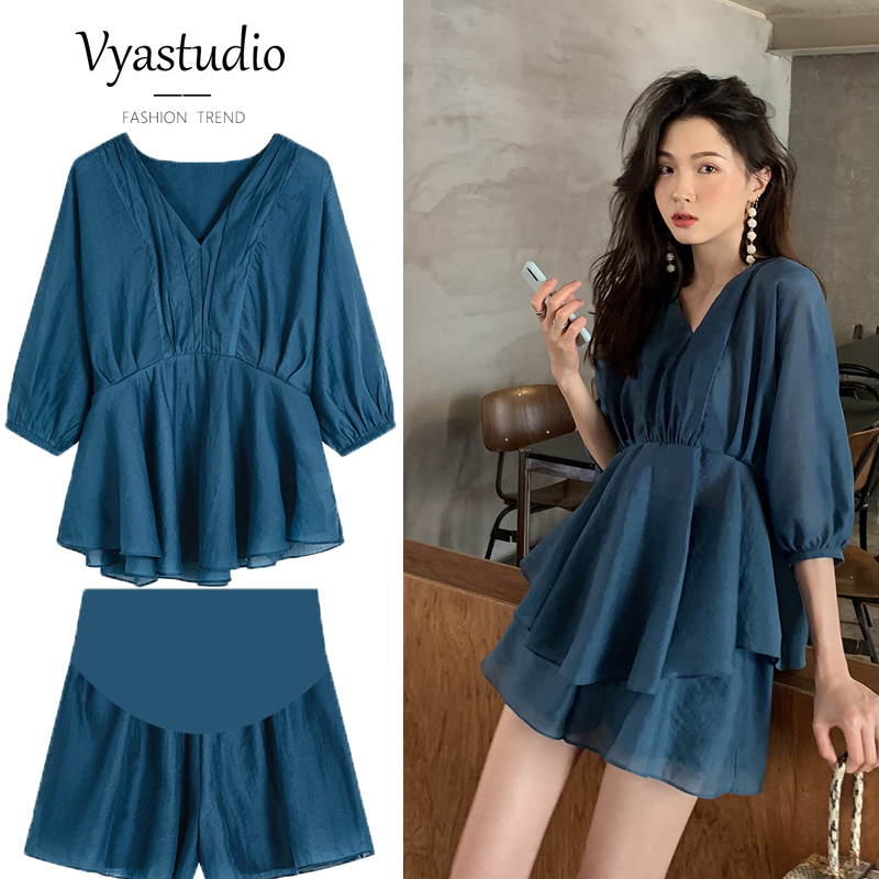Japanese pregnant women summer suit thin section short-sleeved top two-piece set new fashion foreign style loose large size maternity dress