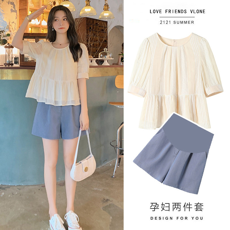 Japanese maternity dress summer suit summer thin short-sleeved top belly shorts two-piece set large size chiffon dress