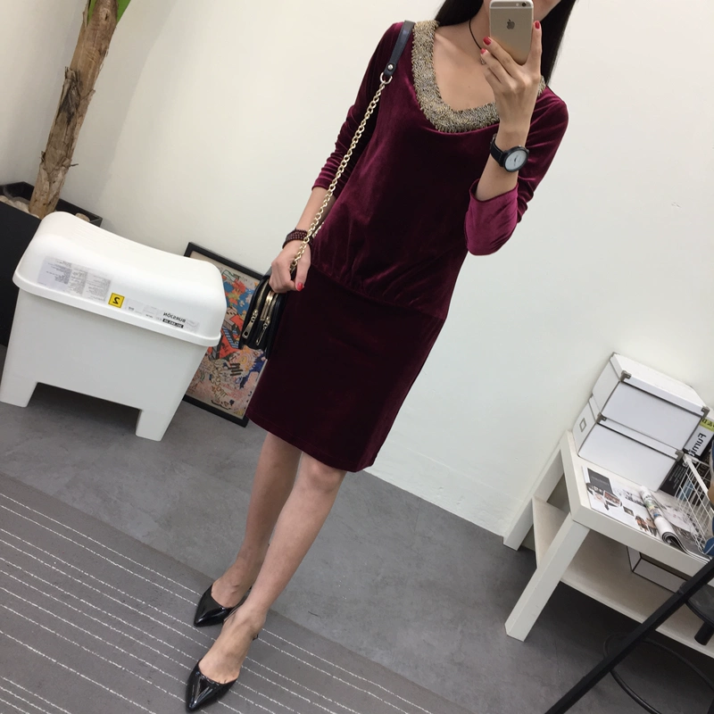 2018 mới mùa xuân và mùa thu retro nhung khâu V-Cổ phần dài eo pocket hip dress slim dưới váy
