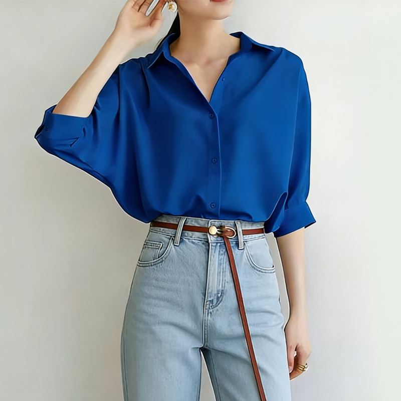 Fashionable Sapphire Blue Lantern Sleeve Shirt for Women, Loose, Light Luxury, Versatile, Wrinkle-Resistant, Mid-Sleeve, Summer Chic