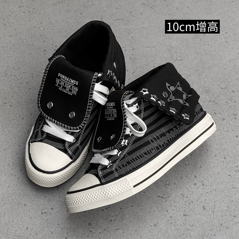 Light Asian Style Black and Gray Striped Canvas Shoes for Men and Women, Invisible Height-Increasing Shoes with 10cm Metal Punk High-Top Sneakers