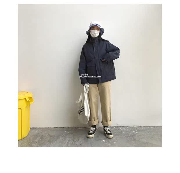 [咕噜 喔] lỏng bf gió oversize retro túi lớn áo khoác dụng cụ ngắn thoi trang nu