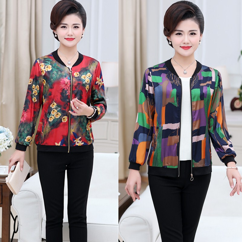 Women's Summer Casual Short Thin Jacket, Long-Sleeved Coat for Middle-Aged and Elderly Women, Mom's Baseball Jacket, Air-Conditioning Shirt, Sun Protection Clothing