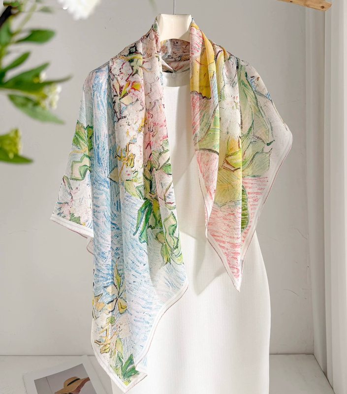 Silk Scarf, Large Square Scarf, Air-Conditioned Room Shawl, Women's Outerwear, High-End Mulberry Silk Scarf, Sun Protection Beach Towel