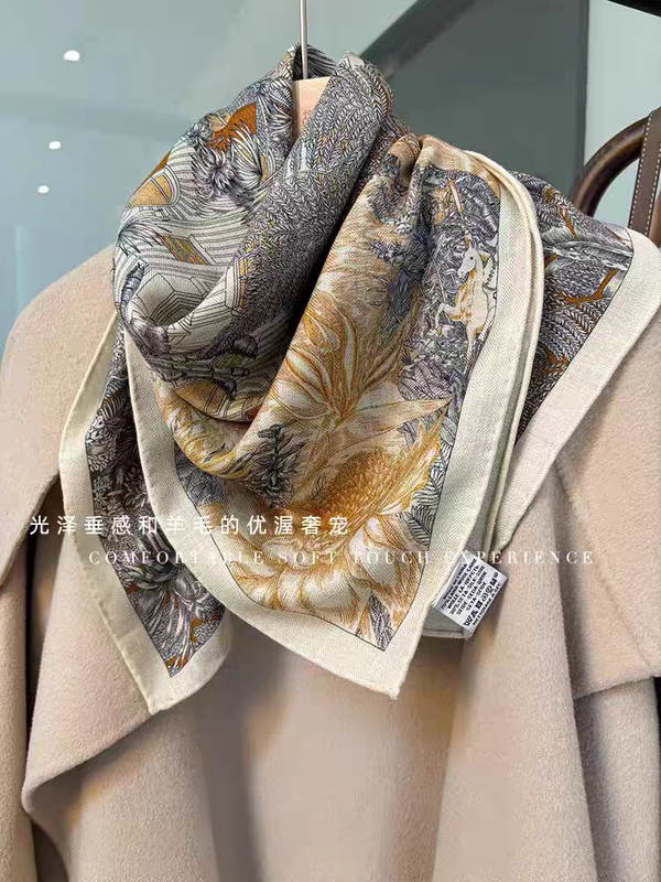 Elegant Tropical Rainforest! High-End Silk Wool Scarf for Women, Winter Style, Versatile Silk Wool Square Scarf, Dual-Use Neck Scarf