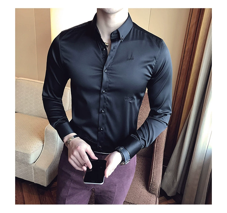 Cộng với áo nhung thêu mặt sáng, áo thun co giãn không co giãn, áo dài tay xu hướng satin màu trắng cotton không thấm nước nam