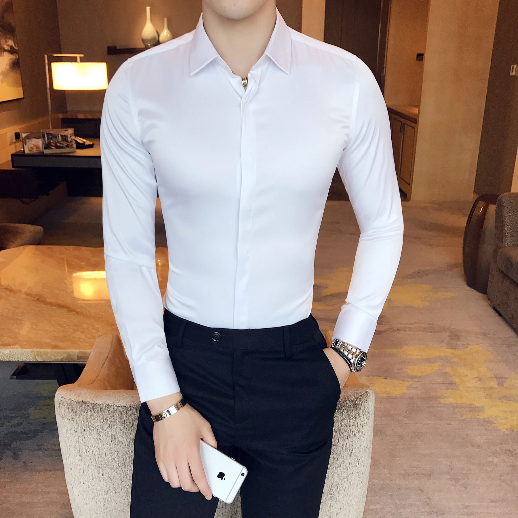 Mùa thu màu rắn nam Hàn Quốc nóng bỏng miễn phí áo sơ mi dài tay bó sát da sáng bóng lụa cotton inch phiên bản Hàn Quốc áo sơ mi dài