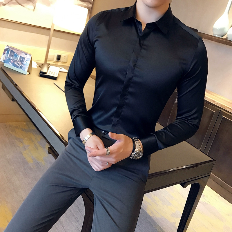 Mùa thu màu rắn nam Hàn Quốc nóng bỏng miễn phí áo sơ mi dài tay bó sát da sáng bóng lụa cotton inch phiên bản Hàn Quốc áo sơ mi nam cộc tay