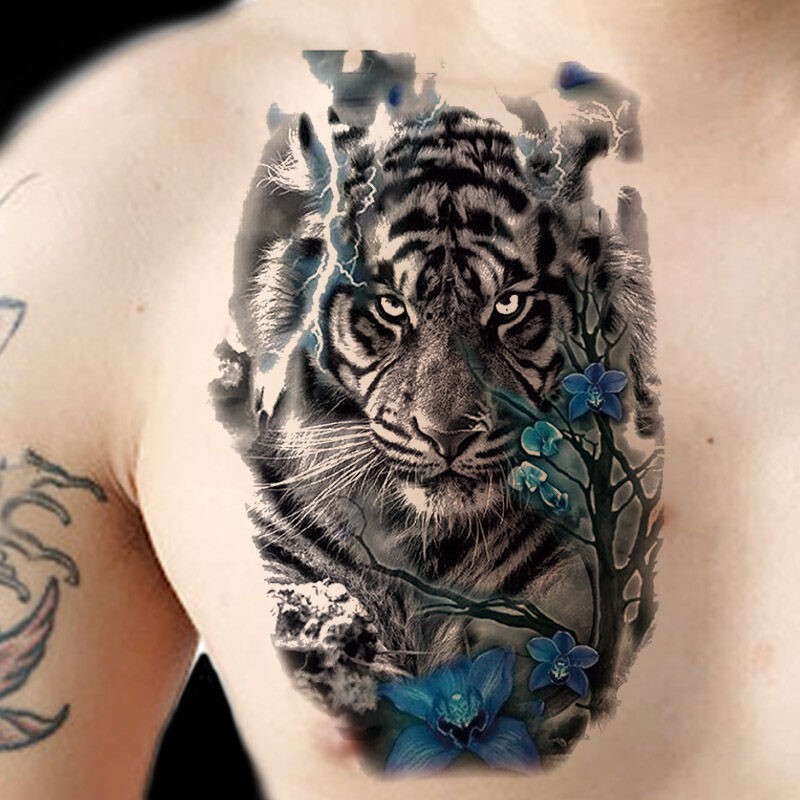 The Lion King Jungle Tiger Fierce Tiger Coming down the Mountain Tattoo Evil Arm Back Sticker Waterproof Long-Lasting Personalized Tiger for Men and Women