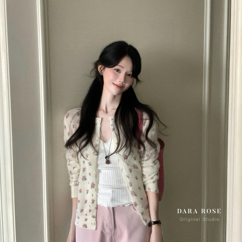 Dara Rose-Floral Print Slim-Fit Single-Breasted Knitted Cardigan (Excluding Inner Vest) S8392