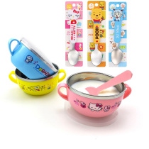 Childrens stainless steel bowl baby eating soup bowl childrens warm tableware anti-drop with lid Supplementary bowl with spoon