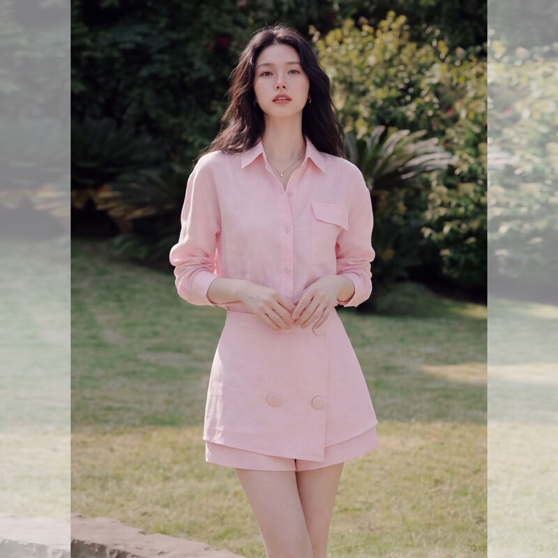 Lightly Mature French-Style Pink Shirt and Skirt Set for Women, Autumn Long-Sleeve Office Commute Slim-Fit Petite Outfit
