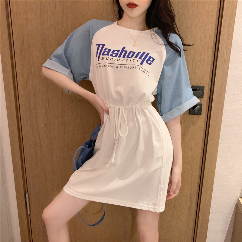DABI 韓系字母拼接撞色牛仔袖露背短袖洋裝 DABI 韓系字母拼接撞色牛仔袖露背短袖洋裝
