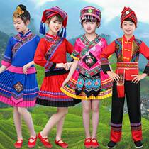 South Chinas Guangxi Zhuang Autonomous Region March Three childrens able-bodied ethnic minority perform costumes for male and female child Miao ethnic high mountain performers