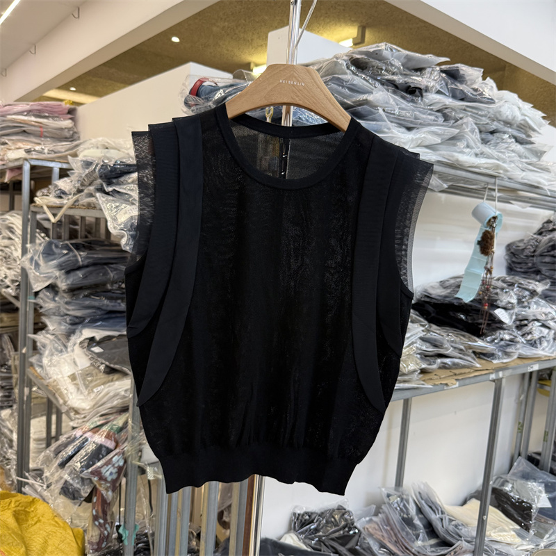 79809 Authentic 2026 Summer New Product with Back Buttons, Mesh Small Flutter Sleeves, Ice Silk Knit Vest Top for Women