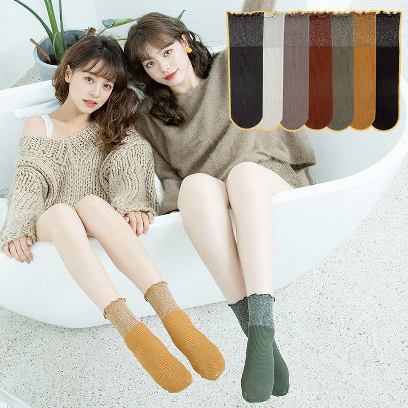 Autumn women's middle tube socks Japanese solid color fungus edge black green purple brick red s bright silver onion ins stitching tide bubble socks